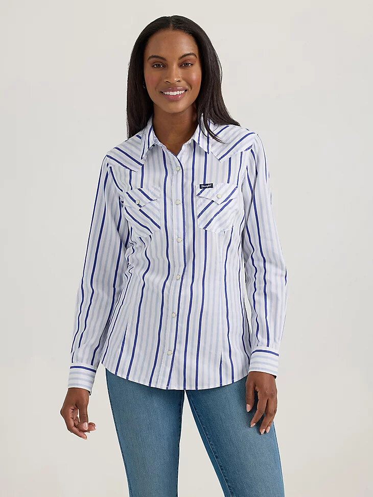 camisa vaquera wrangler para mujer con broches para todas las ocasiones y rayas azules en contraste