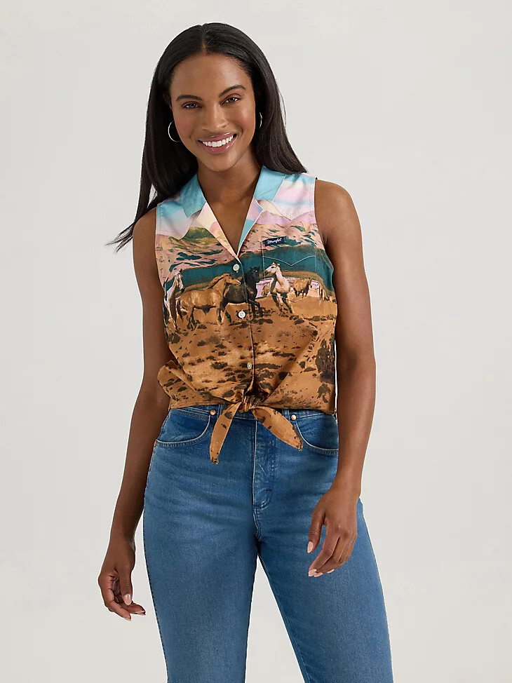 camisa sin mangas con estampado llamativo y lazo frontal para mujer multicolor mtn