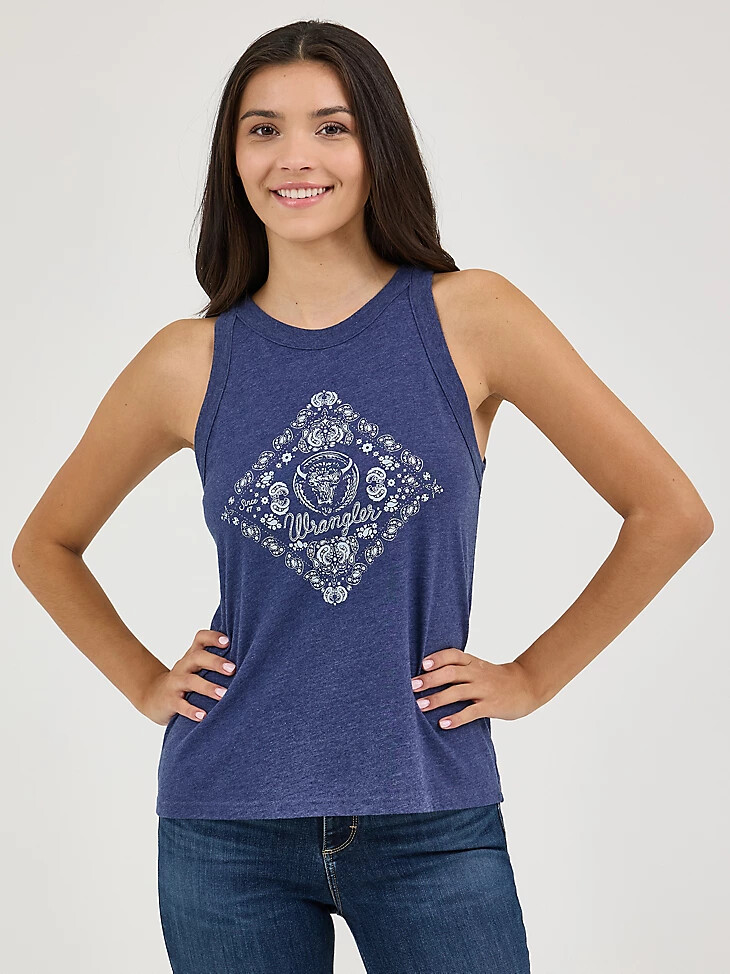 camiseta sin mangas wrangler western graphic goddess para mujer color azul marino y diamante