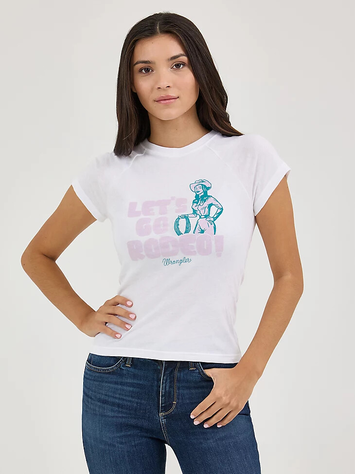 camiseta wrangler shrunken western raglan para mujer lets go rodeoblanca
