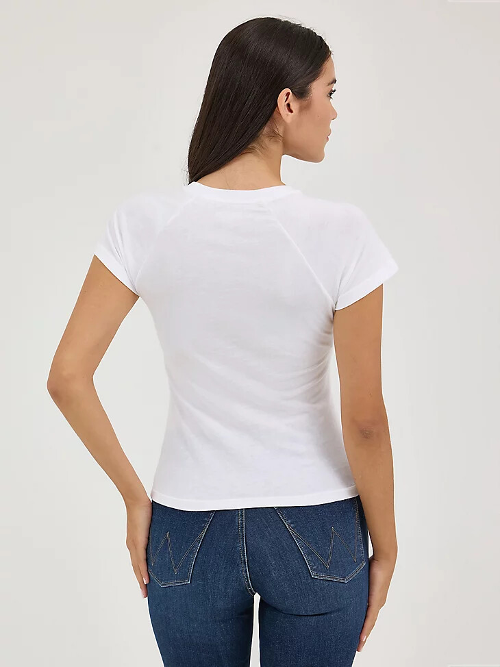 camiseta wrangler shrunken western raglan para mujer lets go rodeoblanca
