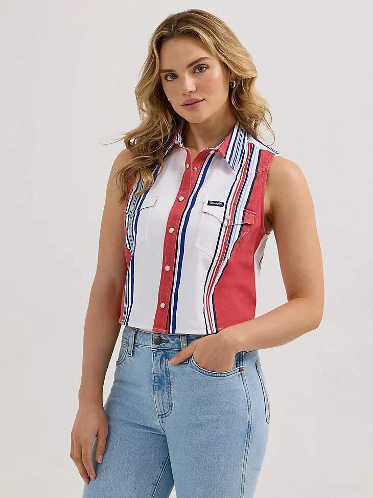 camiseta sin mangas wrangler brushpopper stripe slim crop snap para mujer color rojo blanco y azul