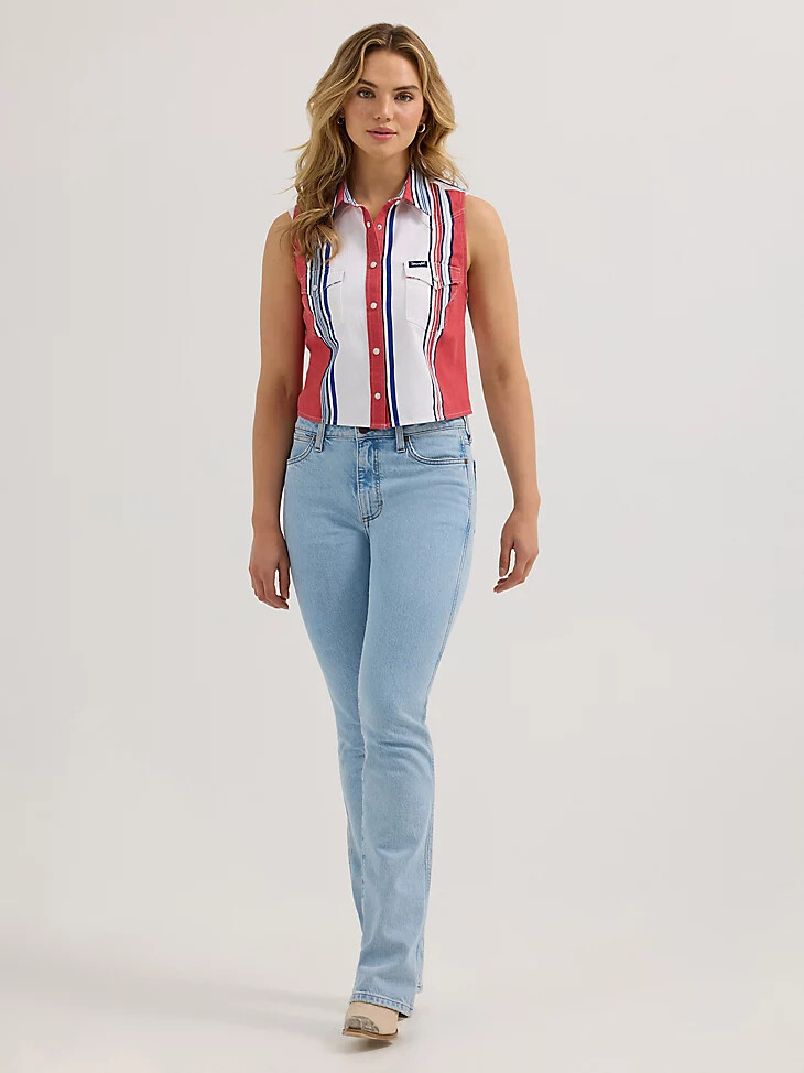 camiseta sin mangas wrangler brushpopper stripe slim crop snap para mujer color rojo blanco y azul