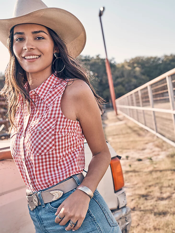 camiseta de tirantes essential western con broches a cuadros rojos para mujer