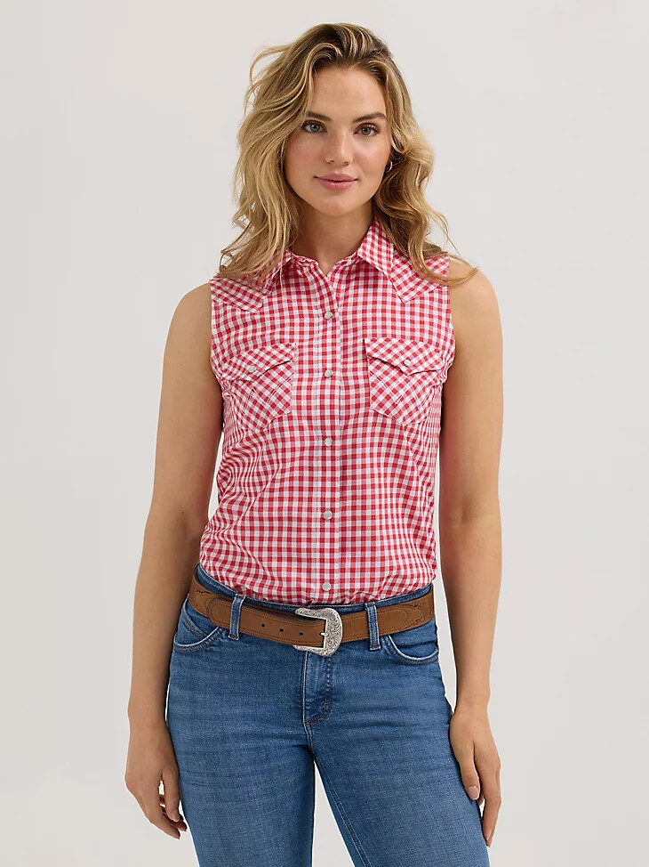 camiseta de tirantes essential western con broches a cuadros rojos para mujer