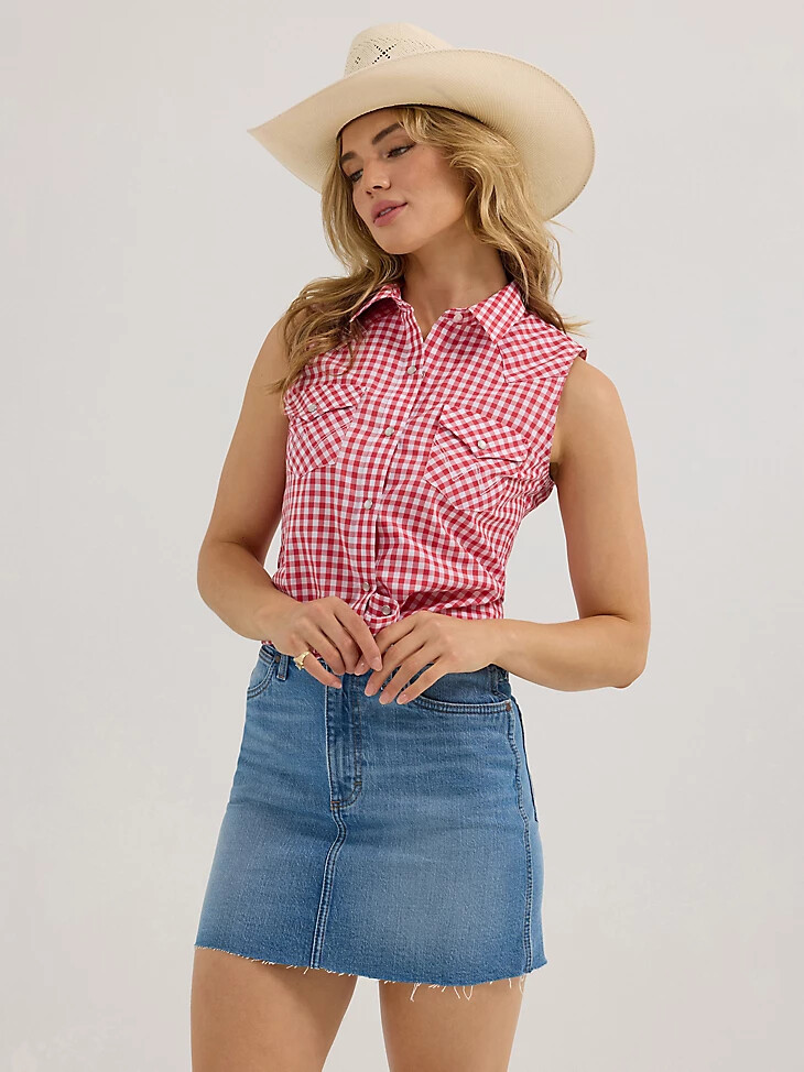 camiseta de tirantes essential western con broches a cuadros rojos para mujer
