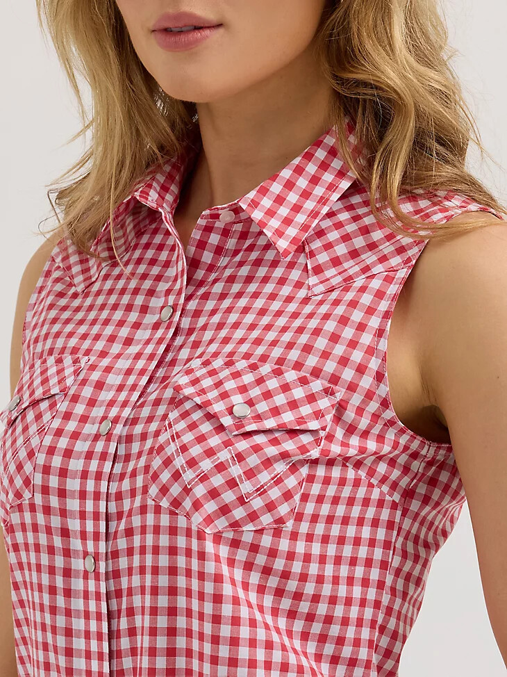 camiseta de tirantes essential western con broches a cuadros rojos para mujer