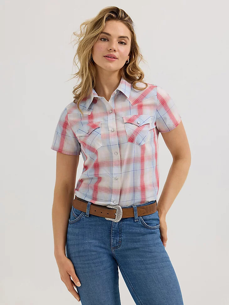 top esencial de manga corta a cuadros estilo western con broches a presión para mujer color pastel de verano