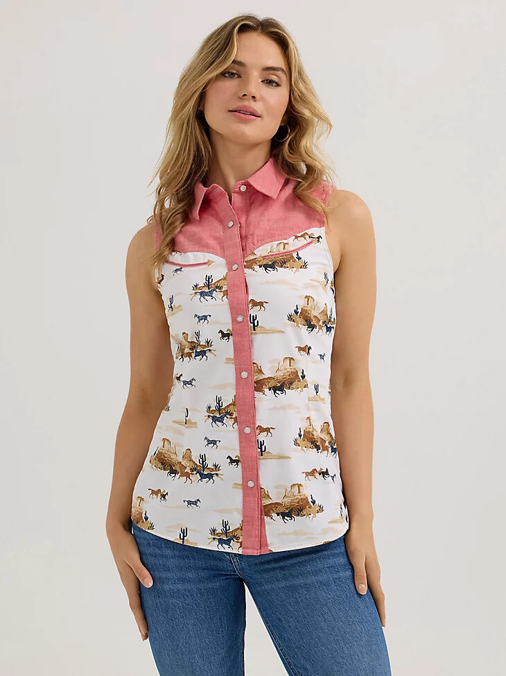 camiseta sin mangas wrangler desert slim western snap para mujer color rojo desierto