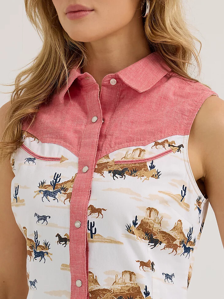 camiseta sin mangas wrangler desert slim western snap para mujer color rojo desierto
