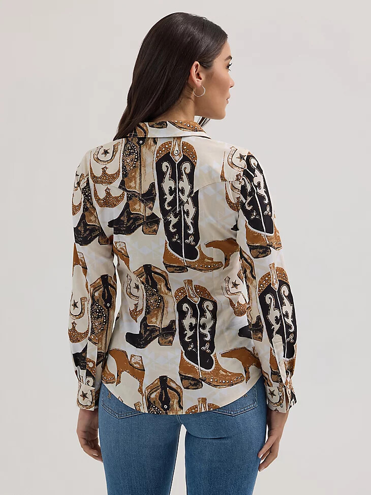 camisa vaquera ajustada con broches saddle up para mujer con estampado de botas