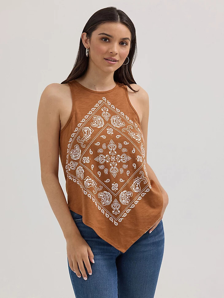 camiseta sin mangas wrangler con bandana y diamantes en la parte delantera para mujer color marrón siena