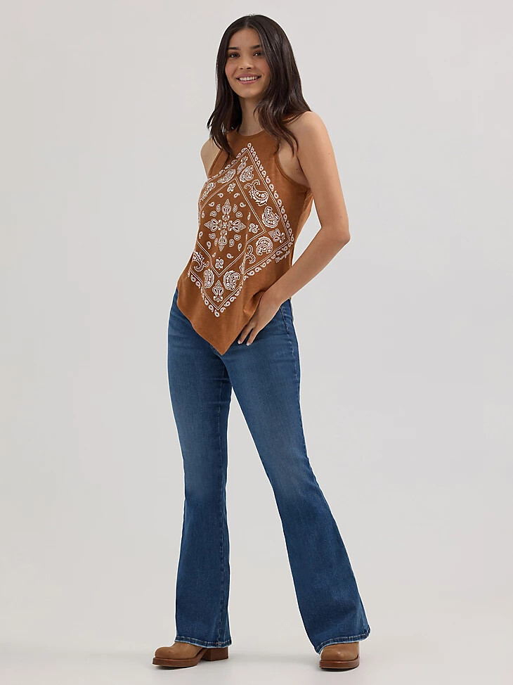 camiseta sin mangas wrangler con bandana y diamantes en la parte delantera para mujer color marrón siena