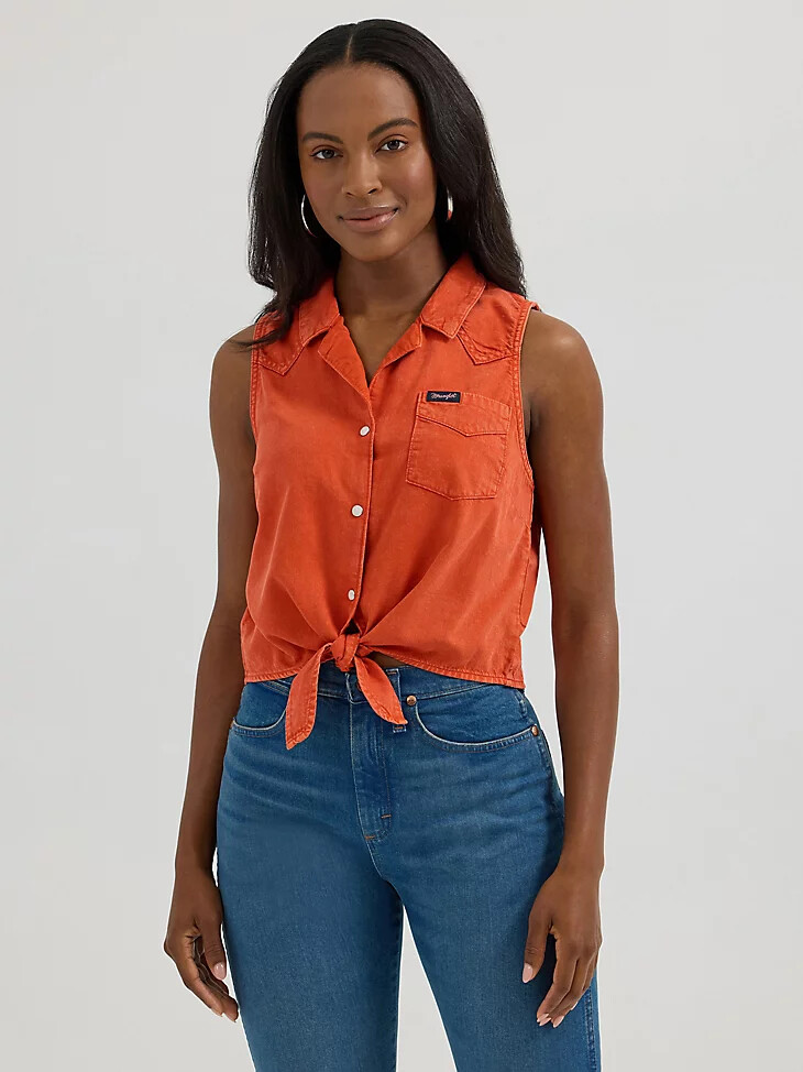 camisa de campamento sin mangas con lazo frontal para mujer color naranja rojizo