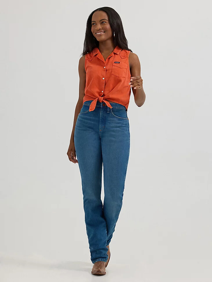 camisa de campamento sin mangas con lazo frontal para mujer color naranja rojizo