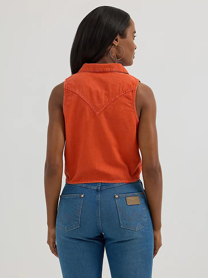 camisa de campamento sin mangas con lazo frontal para mujer color naranja rojizo