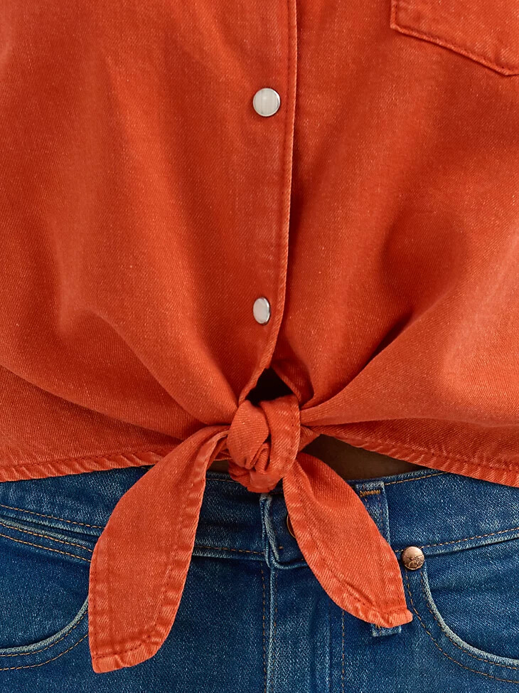 camisa de campamento sin mangas con lazo frontal para mujer color naranja rojizo