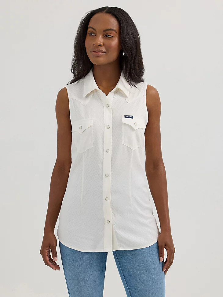 camiseta sin mangas wrangler retro texturizada ajustada con broches estilo western para mujer color blanco