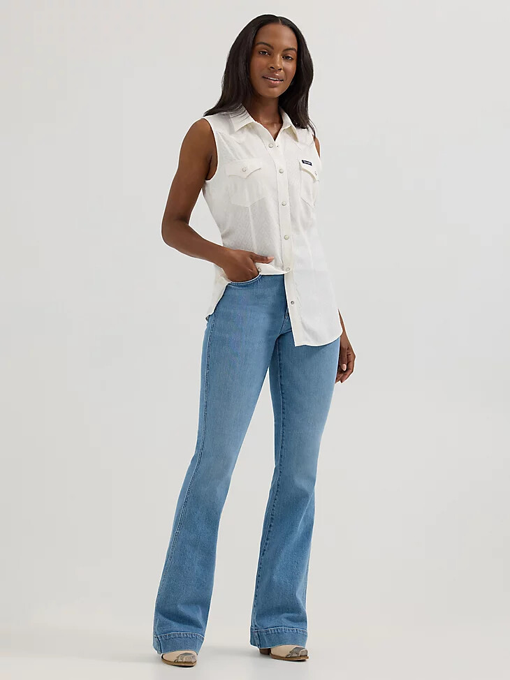 camiseta sin mangas wrangler retro texturizada ajustada con broches estilo western para mujer color blanco