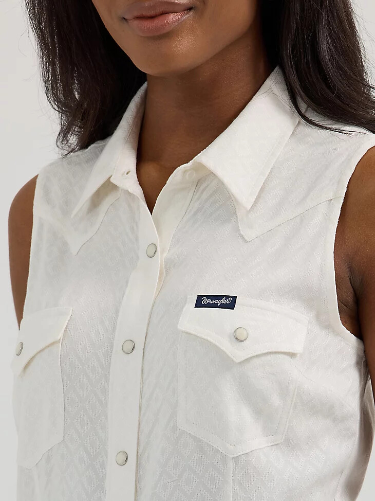 camiseta sin mangas wrangler retro texturizada ajustada con broches estilo western para mujer color blanco