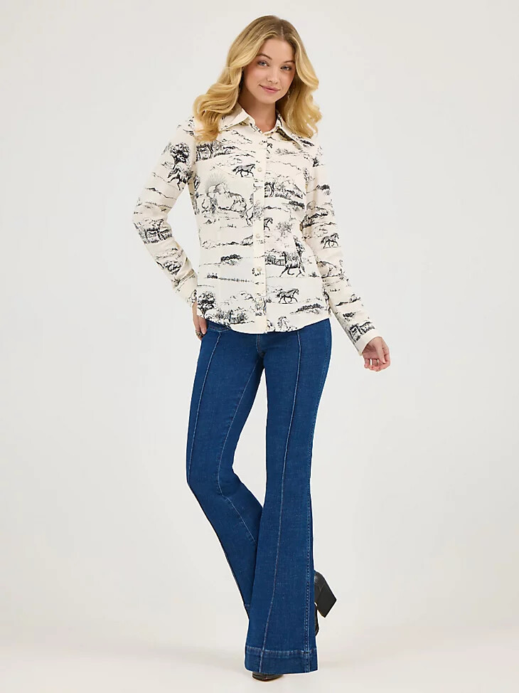 camisa con broches estilo western de wrangler x lainey wilson con estampado paisajístico