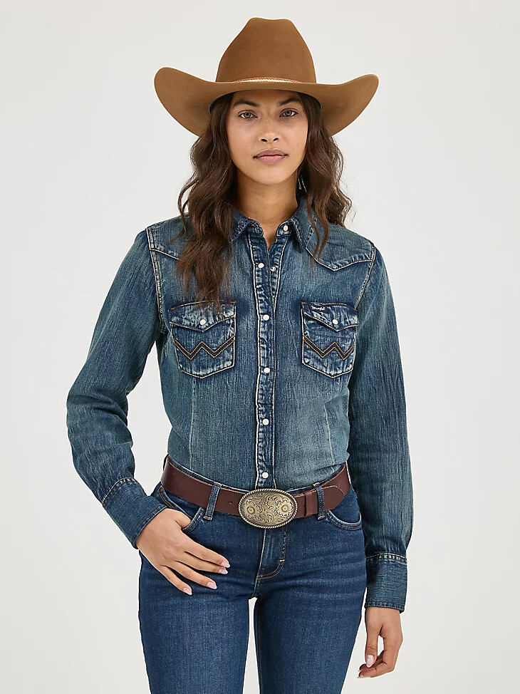 top vaquero de manga larga con broches estilo western para mujer