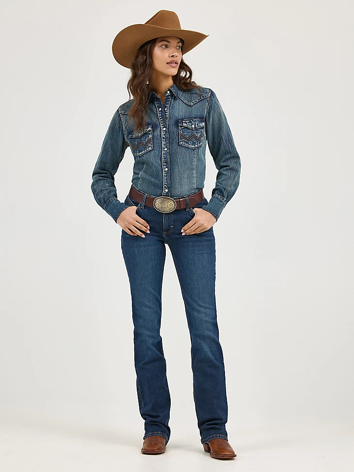 top vaquero de manga larga con broches estilo western para mujer