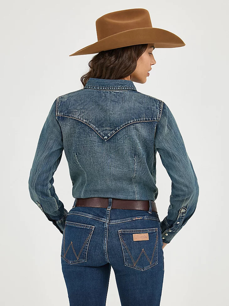 top vaquero de manga larga con broches estilo western para mujer