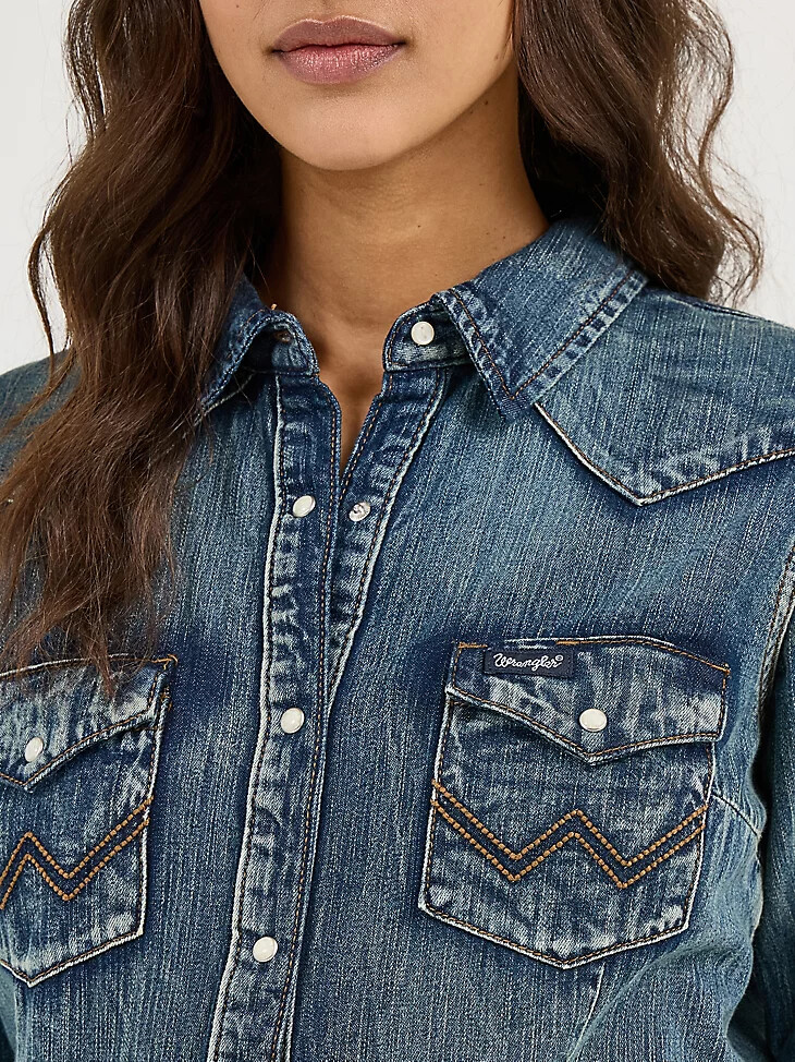 top vaquero de manga larga con broches estilo western para mujer