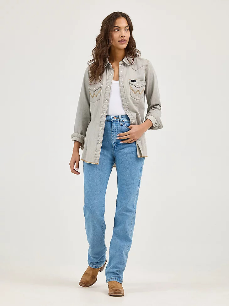 camisa vaquera de manga larga con cierre a presión estilo western para mujer con costuras en los bolsillos color gris
