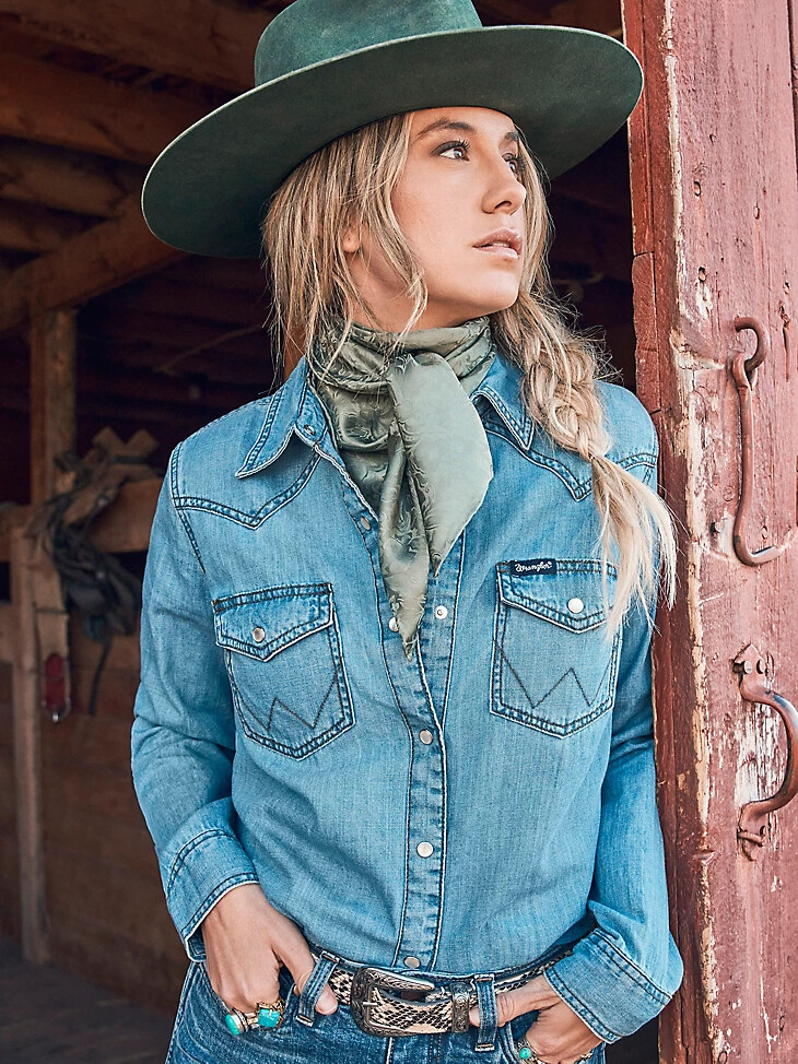 camisa vaquera de manga larga con broches estilo western para mujer color vaquero medio