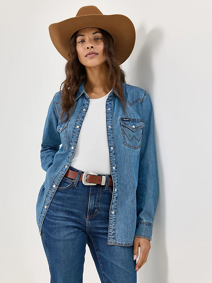 camisa vaquera de manga larga con broches estilo western para mujer color vaquero medio