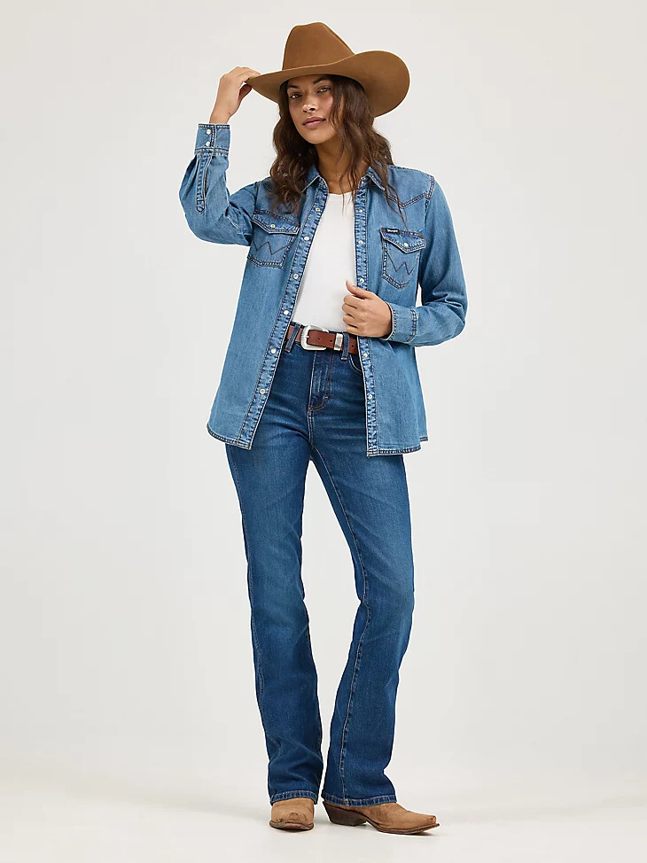 camisa vaquera de manga larga con broches estilo western para mujer color vaquero medio